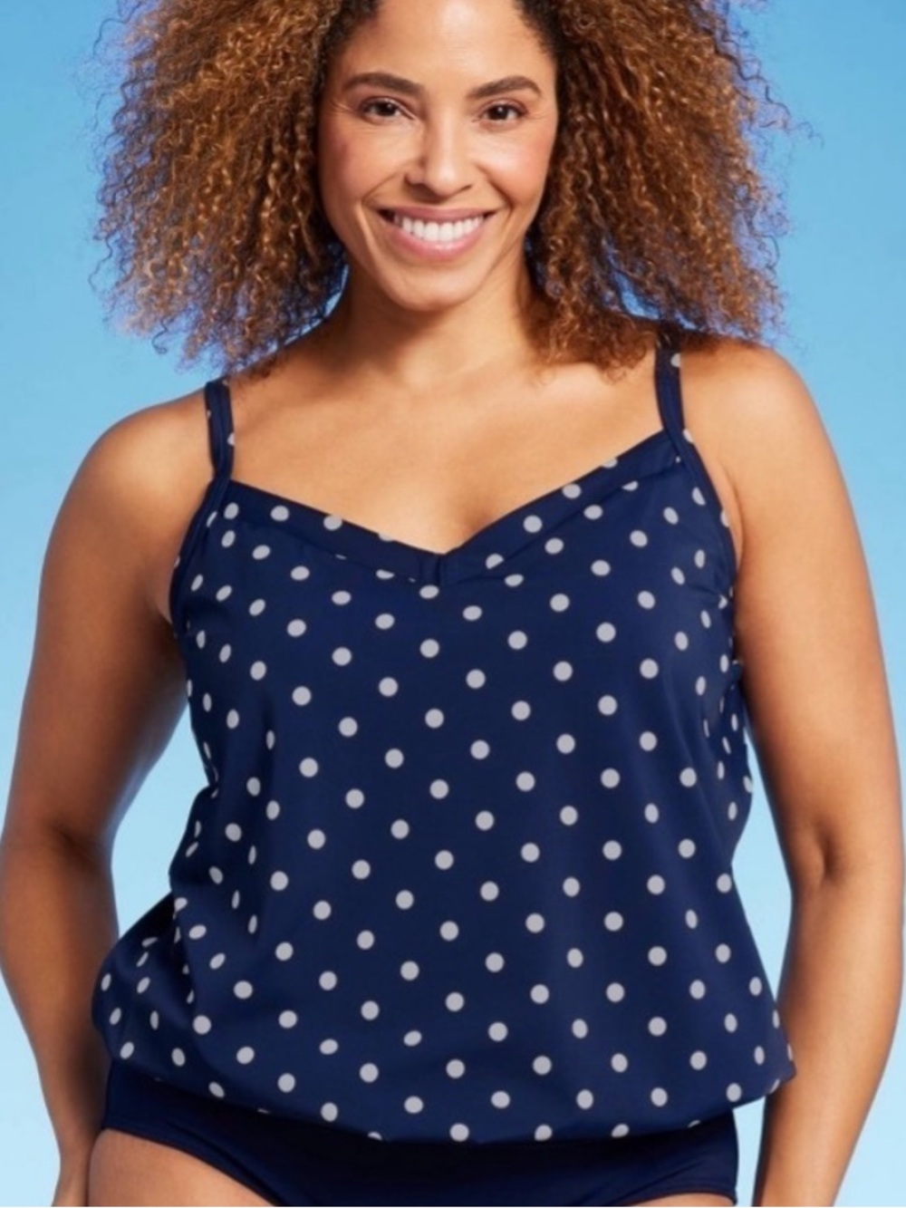 Lands' End Blouson Tankini Top Size 14 Navy White Polka Dot UPF 50 Built in Bra